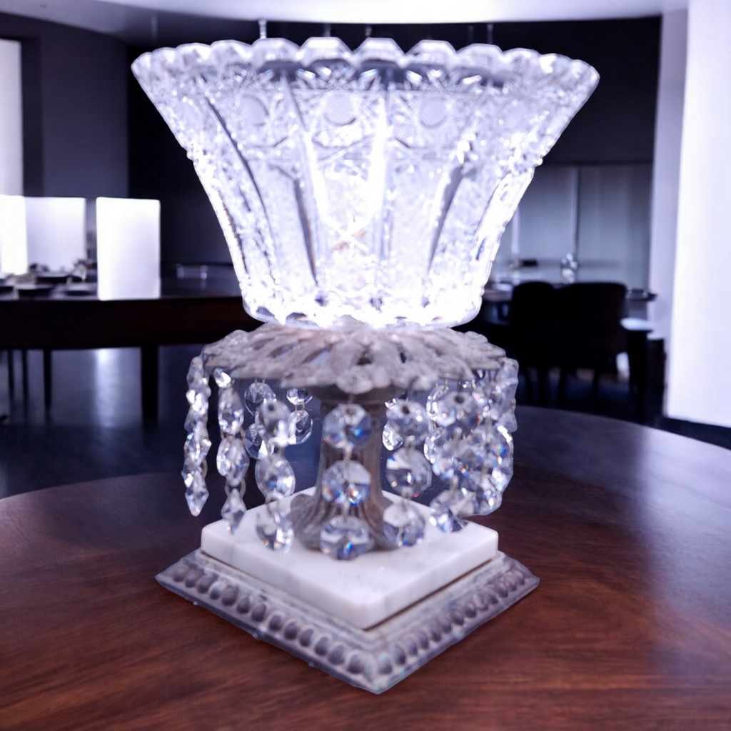 Pedestal Compote Dish with Teardrop Crystals and White Marble Bass, Brass Stand, Star Pattern