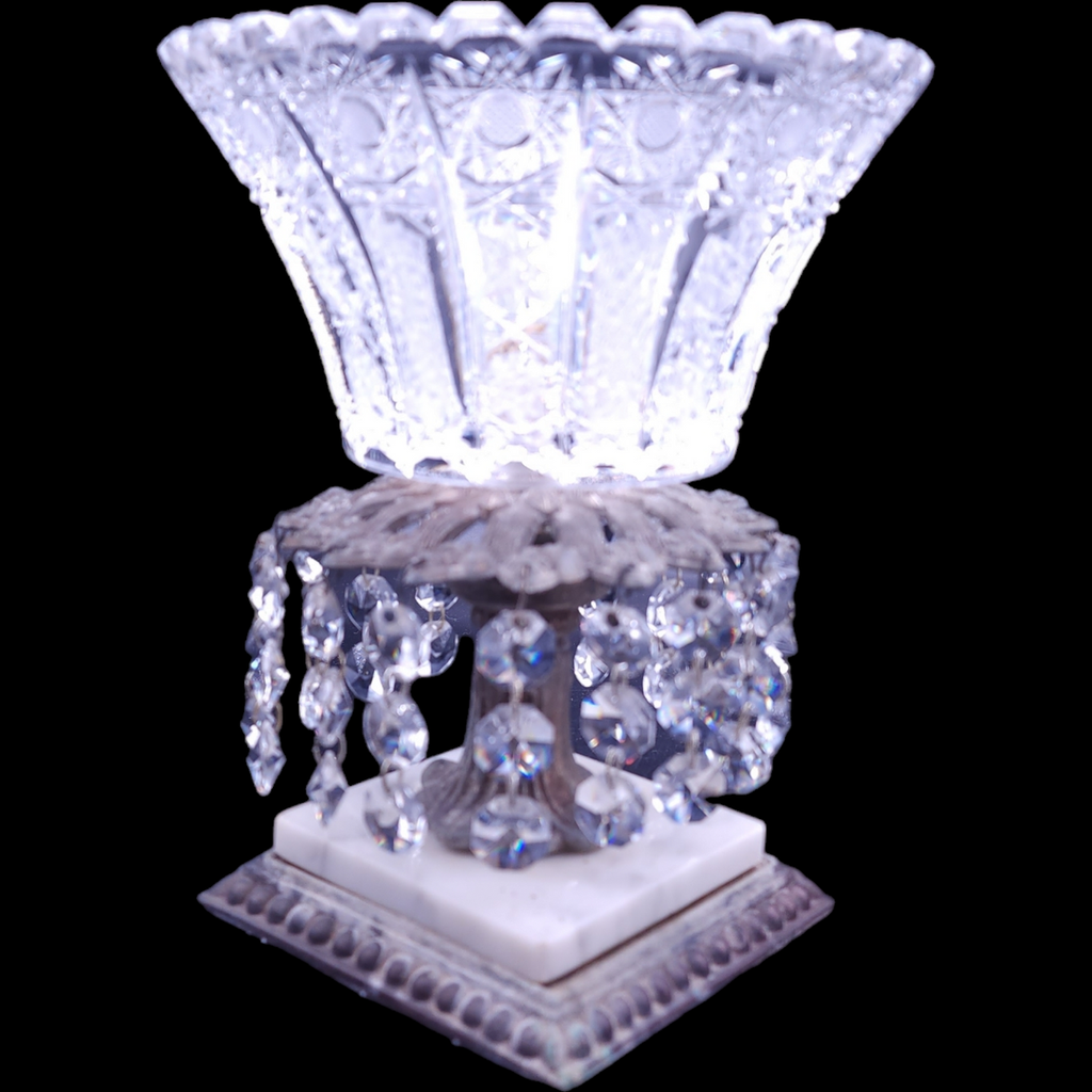 Pedestal Compote Dish with Teardrop Crystals and White Marble Bass, Brass Stand, Star Pattern
