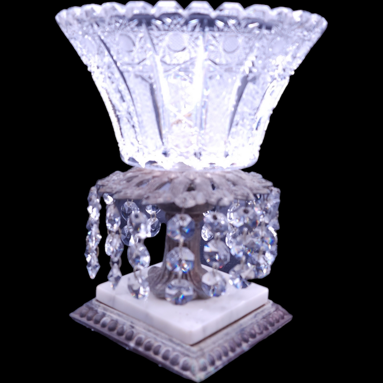 Pedestal Compote Dish with Teardrop Crystals and White Marble Bass, Brass Stand, Star Pattern