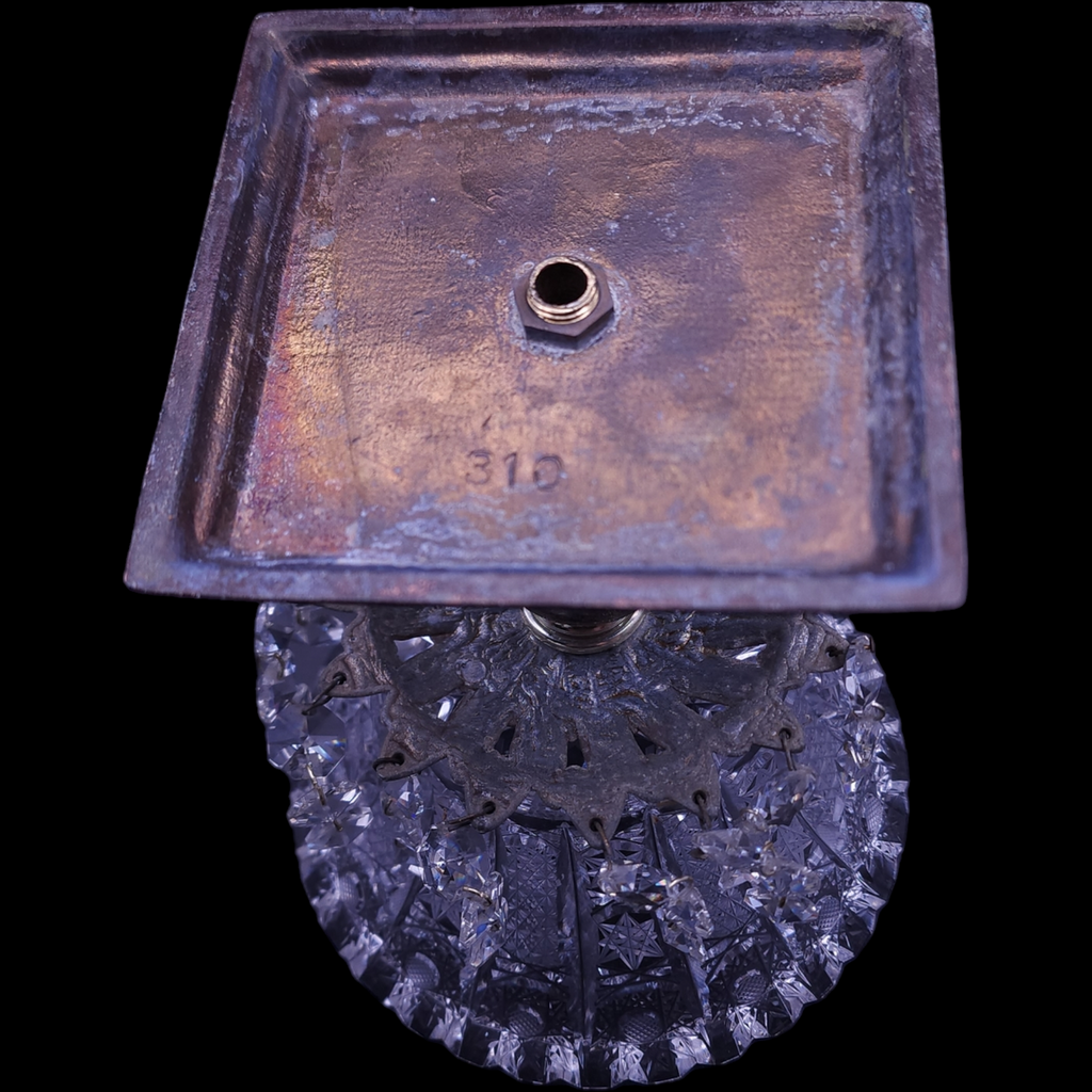 Pedestal Compote Dish with Teardrop Crystals and White Marble Bass, Brass Stand, Star Pattern