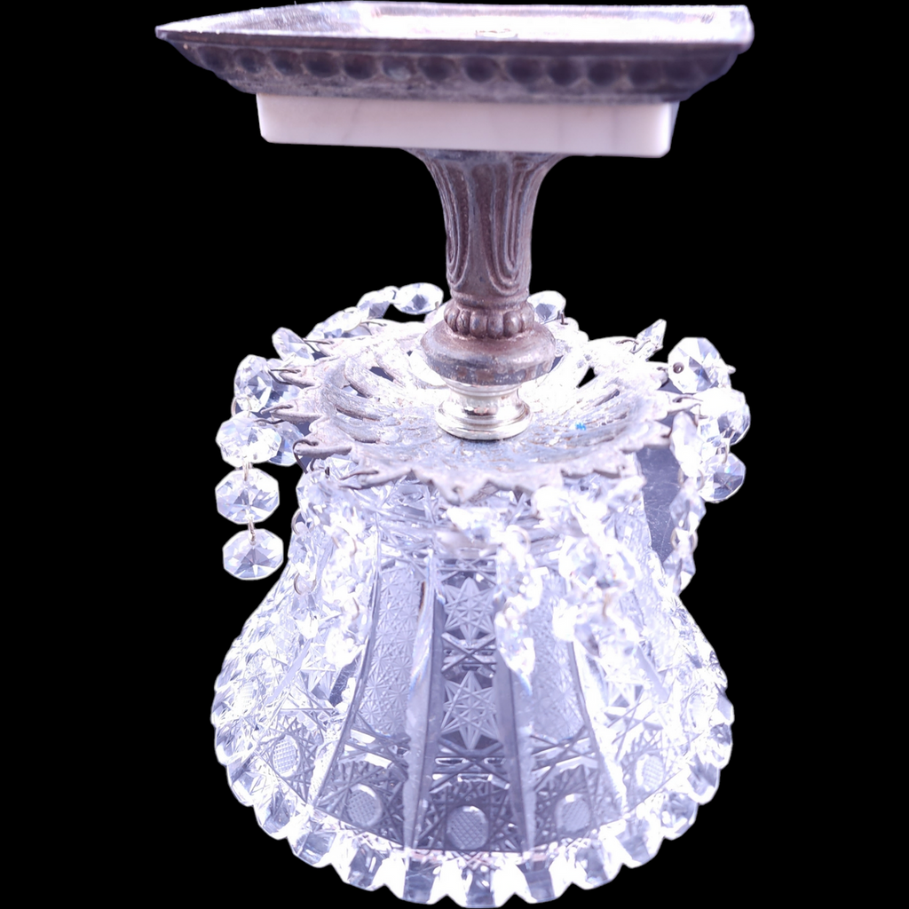 Pedestal Compote Dish with Teardrop Crystals and White Marble Bass, Brass Stand, Star Pattern