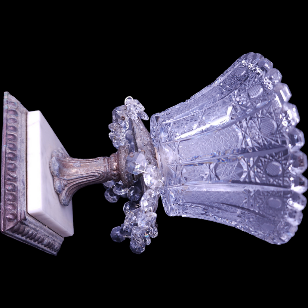 Pedestal Compote Dish with Teardrop Crystals and White Marble Bass, Brass Stand, Star Pattern