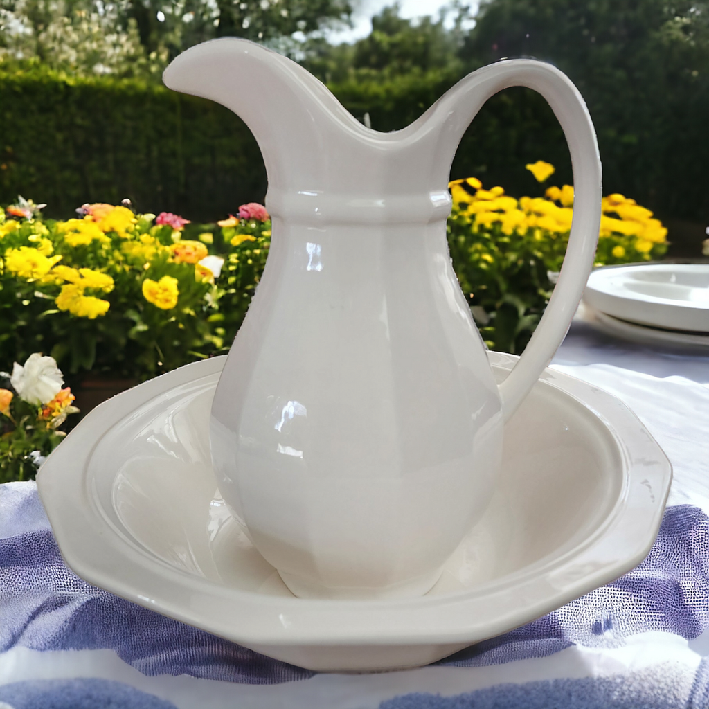 Pfaltzgraf Heritage White Stoneware Multisided Farmhouse Pitcher And Bowl Set