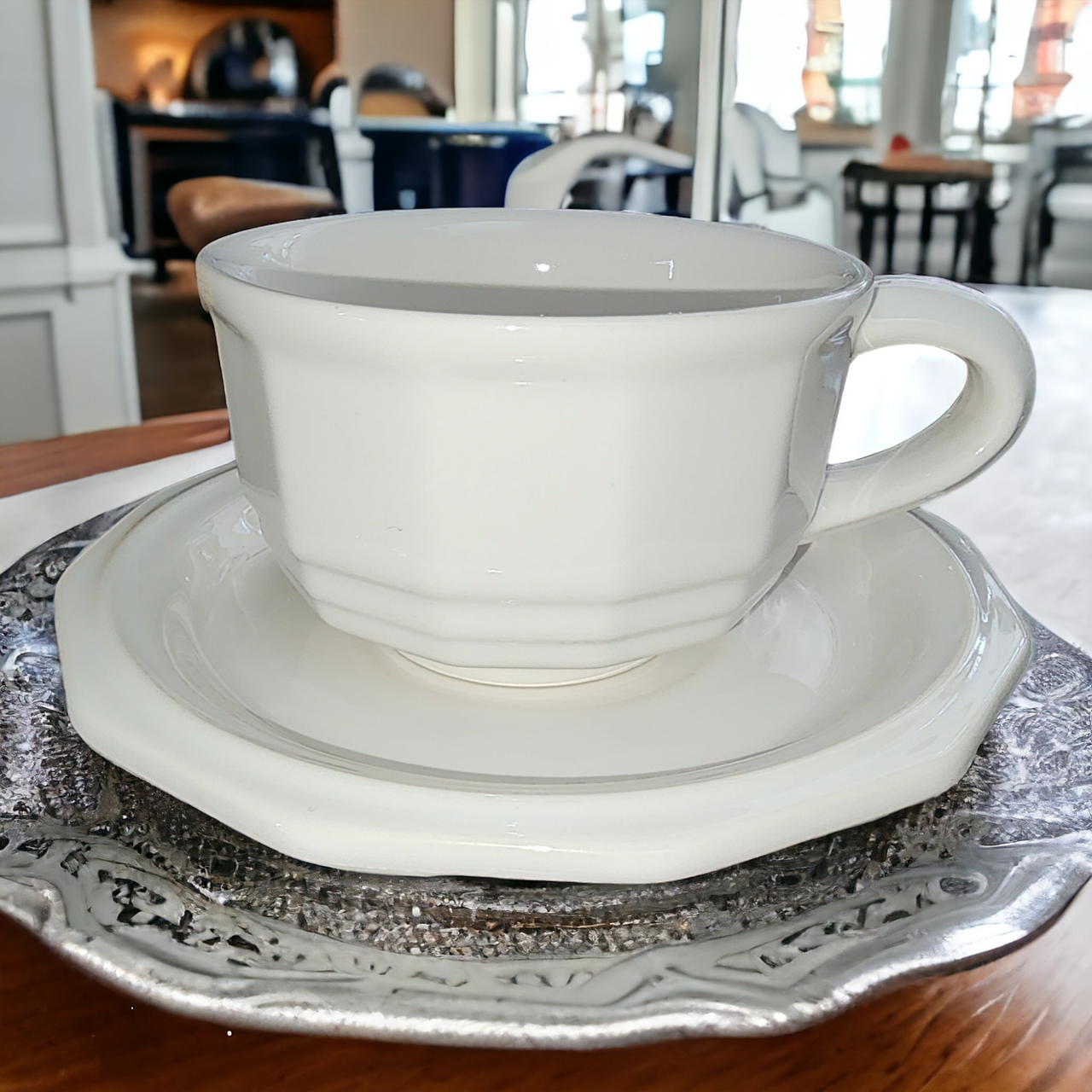 Pfaltzgraff Heritage White Stoneware Multisided Flat Cup & Saucer Set