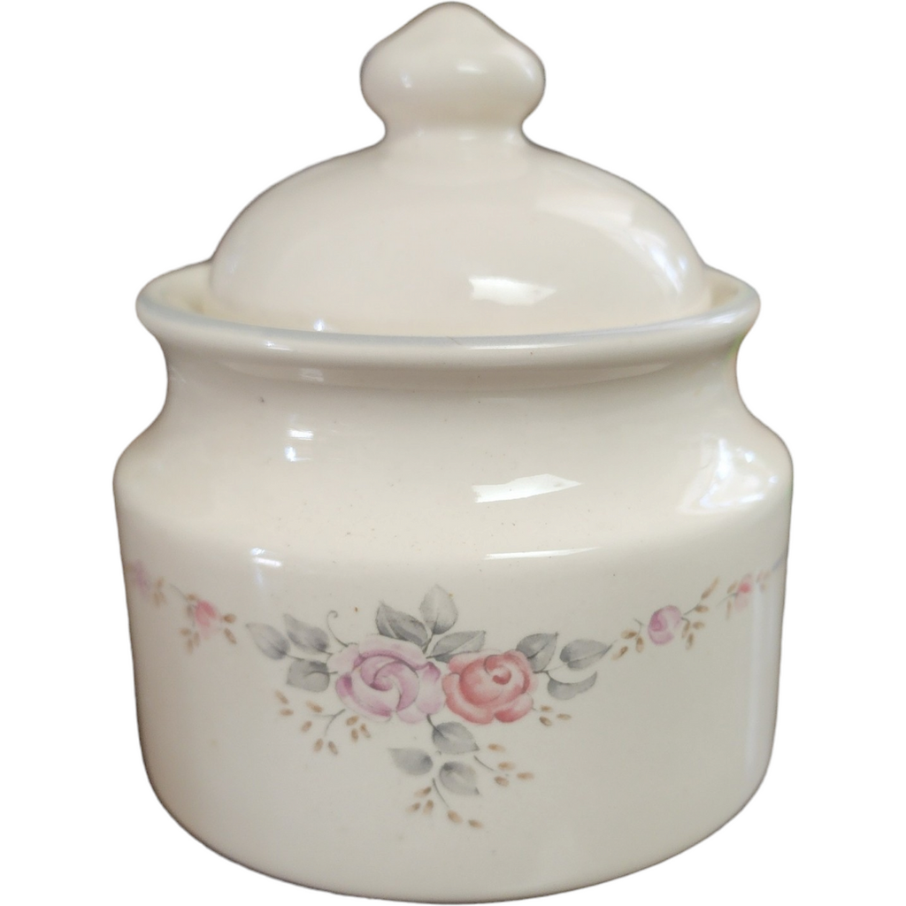 Pfaltzgraff Trousseau Ivory Pink & Purple Rose Decor Gray Band  Sugar Bowl & Lid