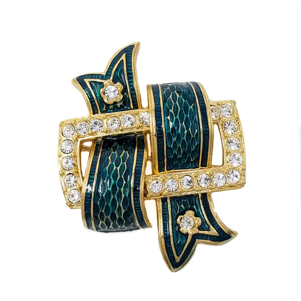 Kenneth Jay Lane KJL Crystal & Enamel Ribbon Brooch Pin