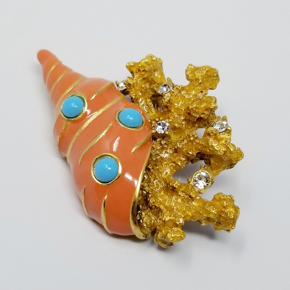 Kenneth Jay Lane KJL Enamel & Crystal Seaside Shell Brooch Pin