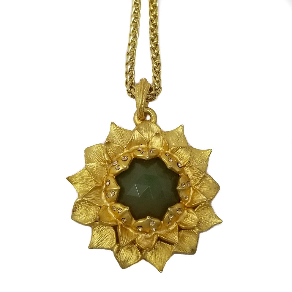 Kenneth Jay Lane KJL Olive Resin Sunflower Pendant Necklace  in Gold