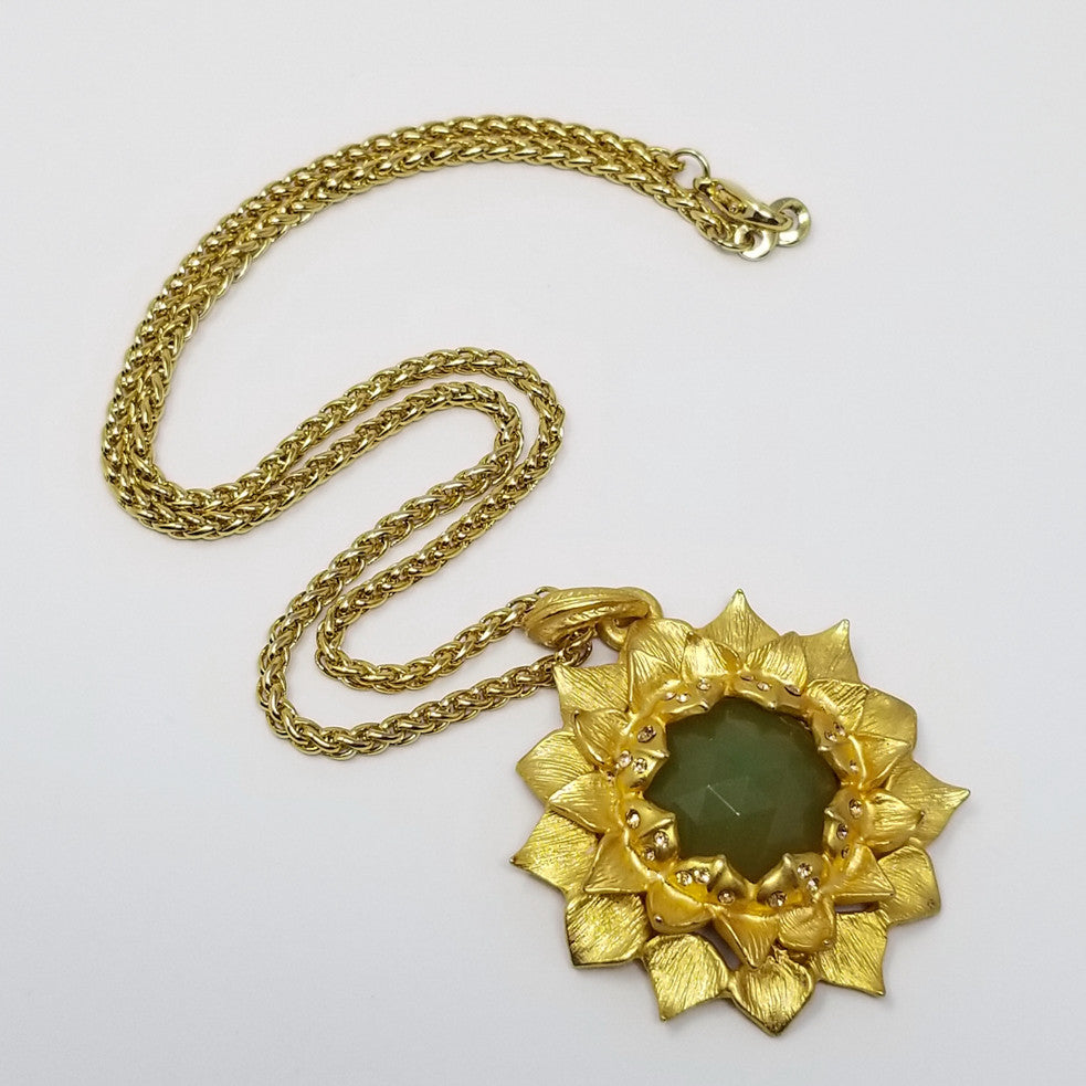 Kenneth Jay Lane KJL Olive Resin Sunflower Pendant Necklace  in Gold