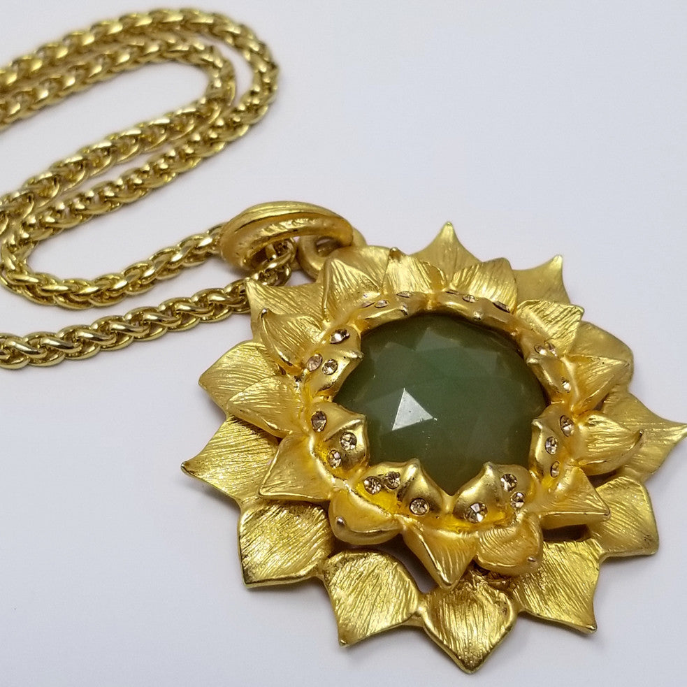 Kenneth Jay Lane KJL Olive Resin Sunflower Pendant Necklace  in Gold
