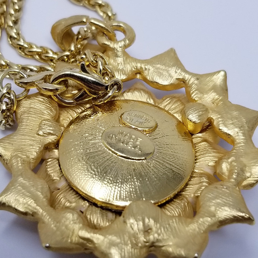 Kenneth Jay Lane KJL Olive Resin Sunflower Pendant Necklace  in Gold
