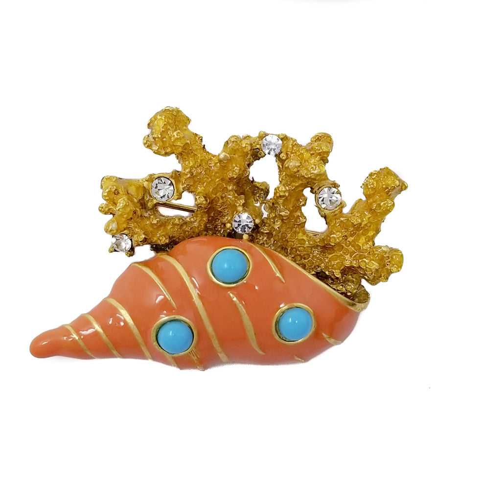 Kenneth Jay Lane KJL Enamel & Crystal Seaside Shell Brooch Pin