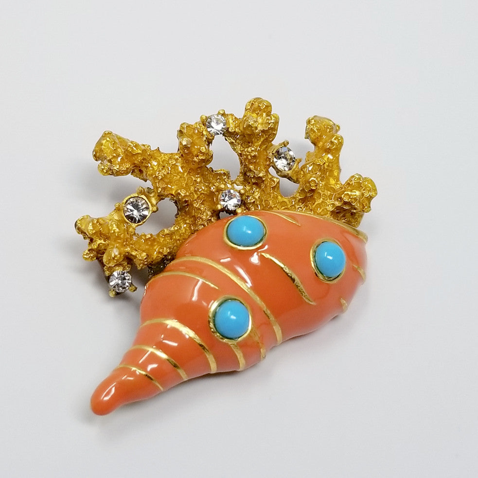 Kenneth Jay Lane KJL Enamel & Crystal Seaside Shell Brooch Pin