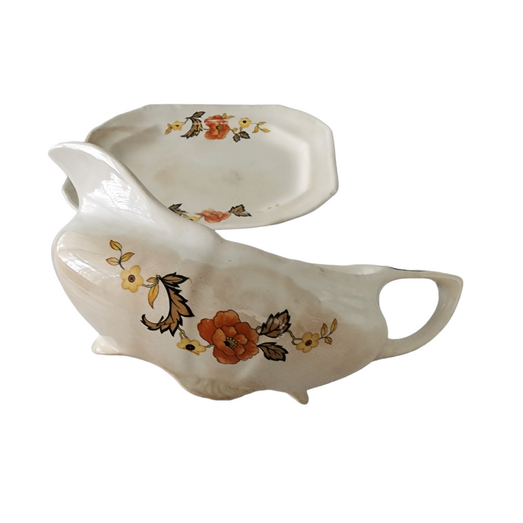 Taylor Smith & T TS&T Paramount Yellow Red Black Flowers Gravy Sauce Boat and Underplate