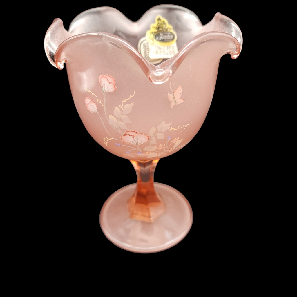 Fenton Frosted Rose Compote Bowl Hand Painted Florals Artist Sighed