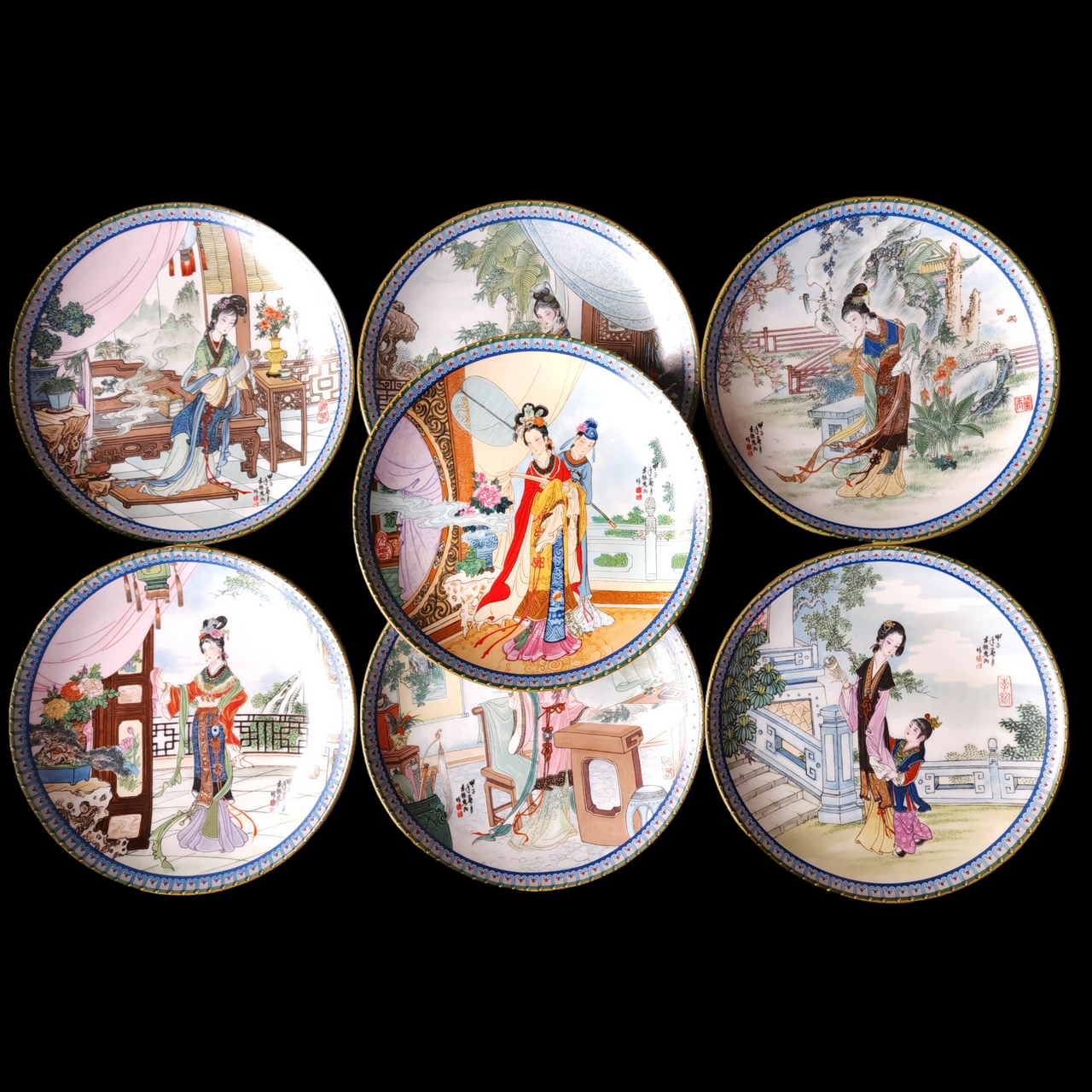 Imperial Jingdezhen Beauties of The Red Mansion Asian Woman Scenes By Z. Huimin Set of 7 Plates