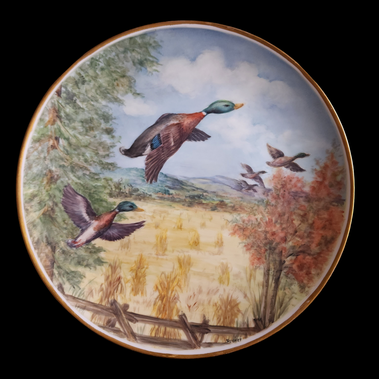 Holiday China V Hand Painted Ducks Pattern Cabinet Plate