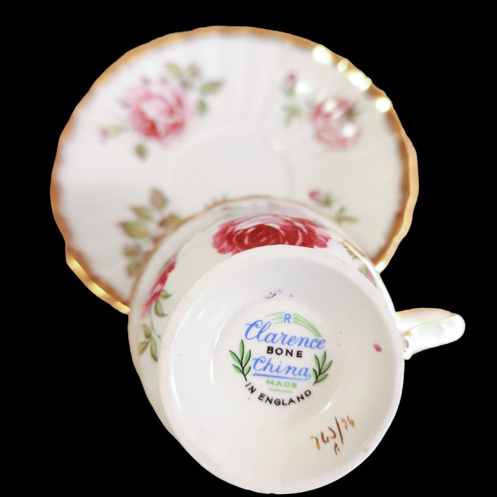 Clarence Orleans Rose Pink Roses Brushed Gold Trim Scalloped Footed Cup & Saucer Set