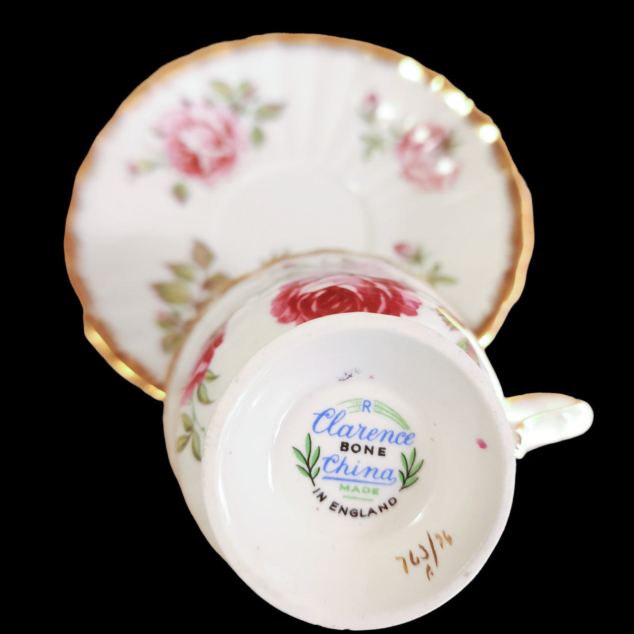 Clarence Orleans Rose Pink Roses Brushed Gold Trim Scalloped Footed Cup & Saucer Set