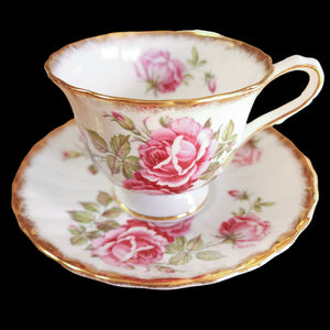 Clarence Orleans Rose Pink Roses Brushed Gold Trim Scalloped Footed Cup & Saucer Set