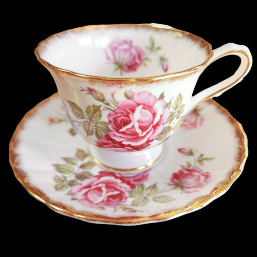 Clarence Orleans Rose Pink Roses Brushed Gold Trim Scalloped Footed Cup & Saucer Set