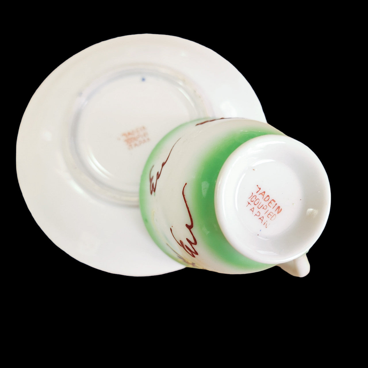 Occupied Japan Green Moriage Dragon Gold Trim Footed Demitasse Cup & Saucer Set