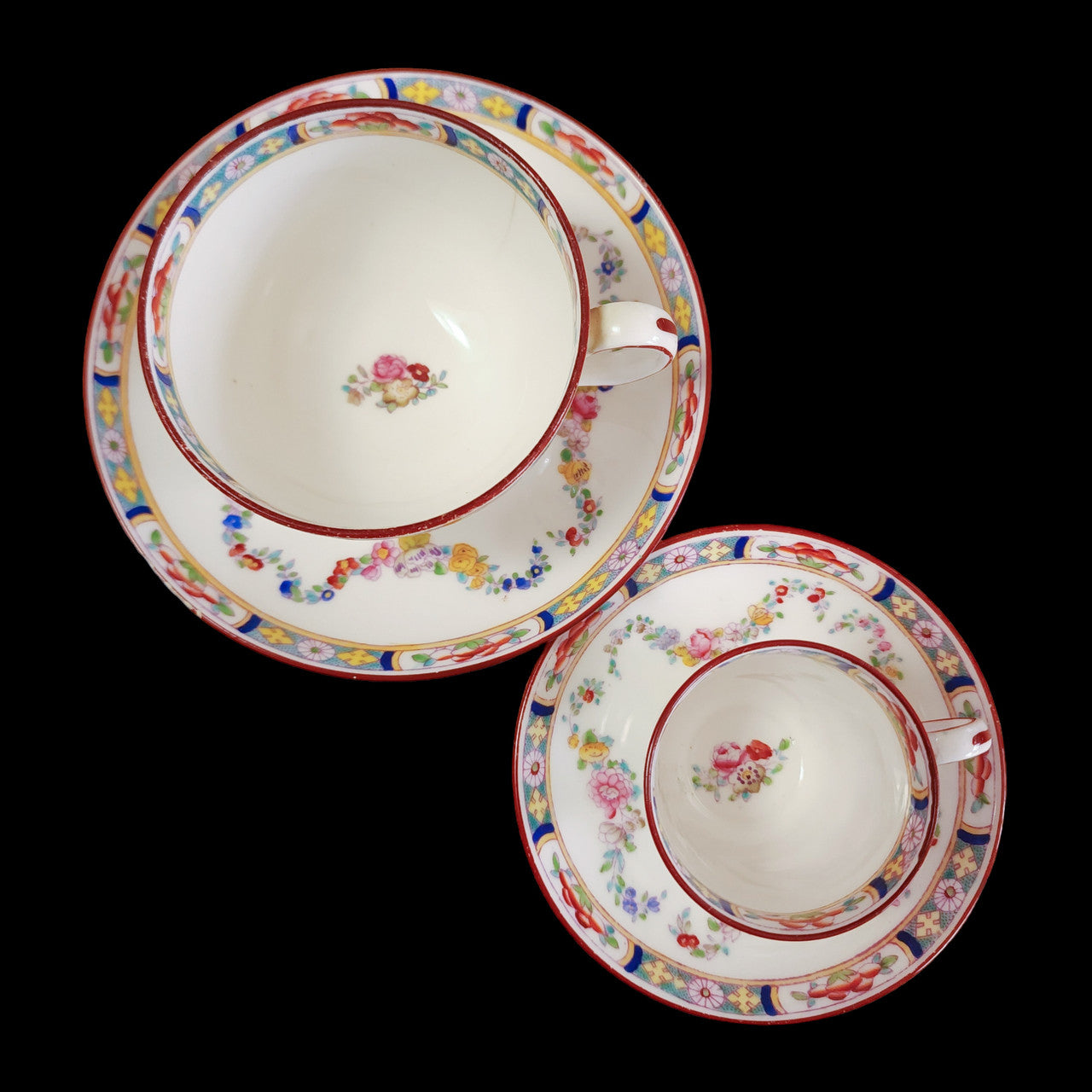 Minton Older Globe Backstamp Floral Swags Teacup & Saucer and Demitasse Cup & Saucer Set