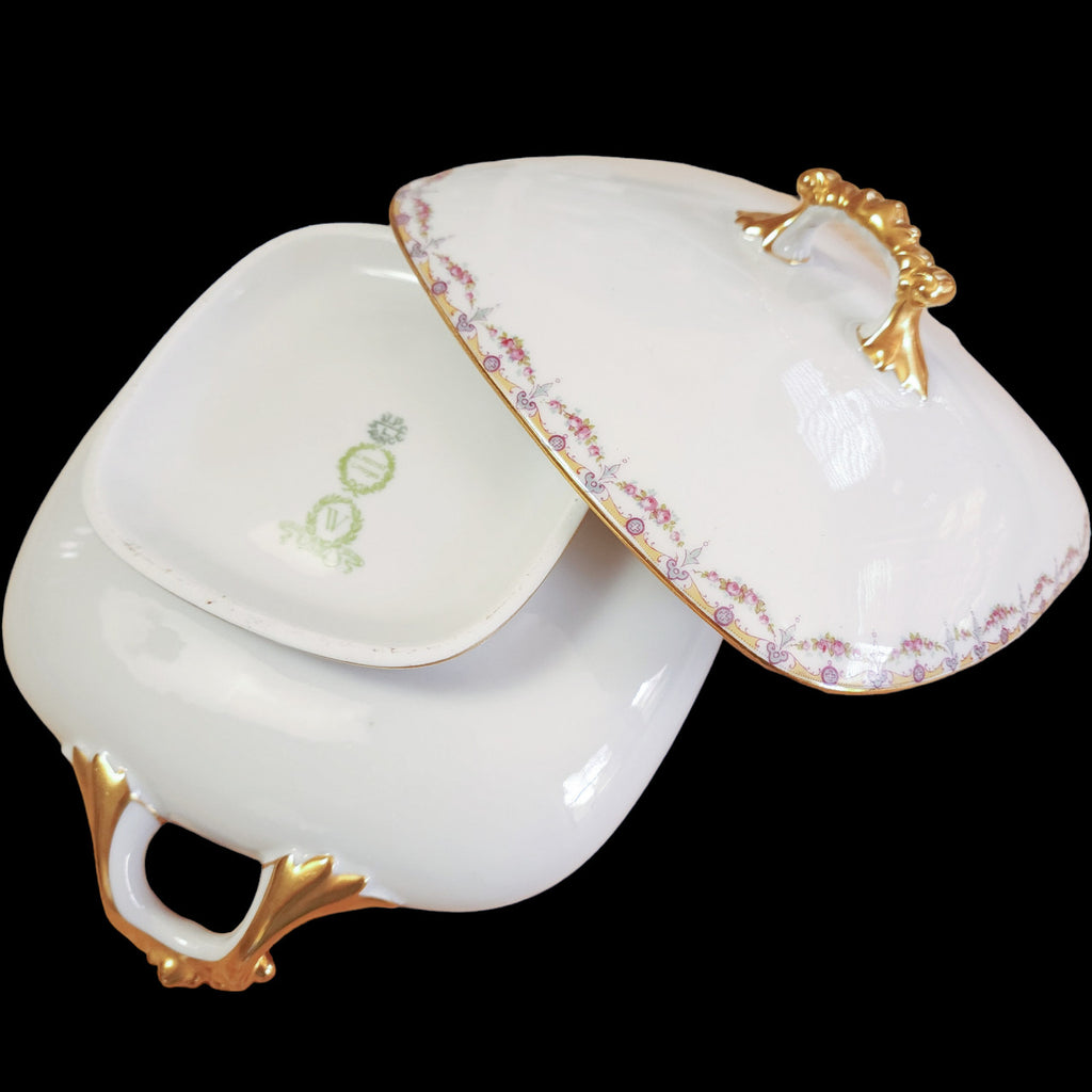 Jean Pouyat Limoges Rose Swags Yellow Pink Scrolls France Square Covered Vegetable