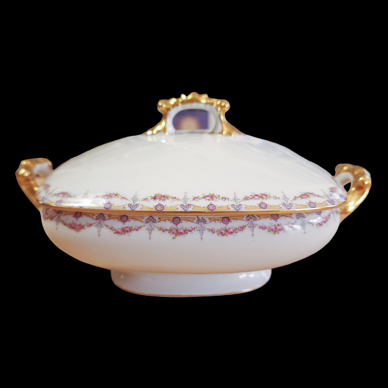 Jean Pouyat Limoges Rose Swags Yellow Pink Scrolls France Square Covered Vegetable