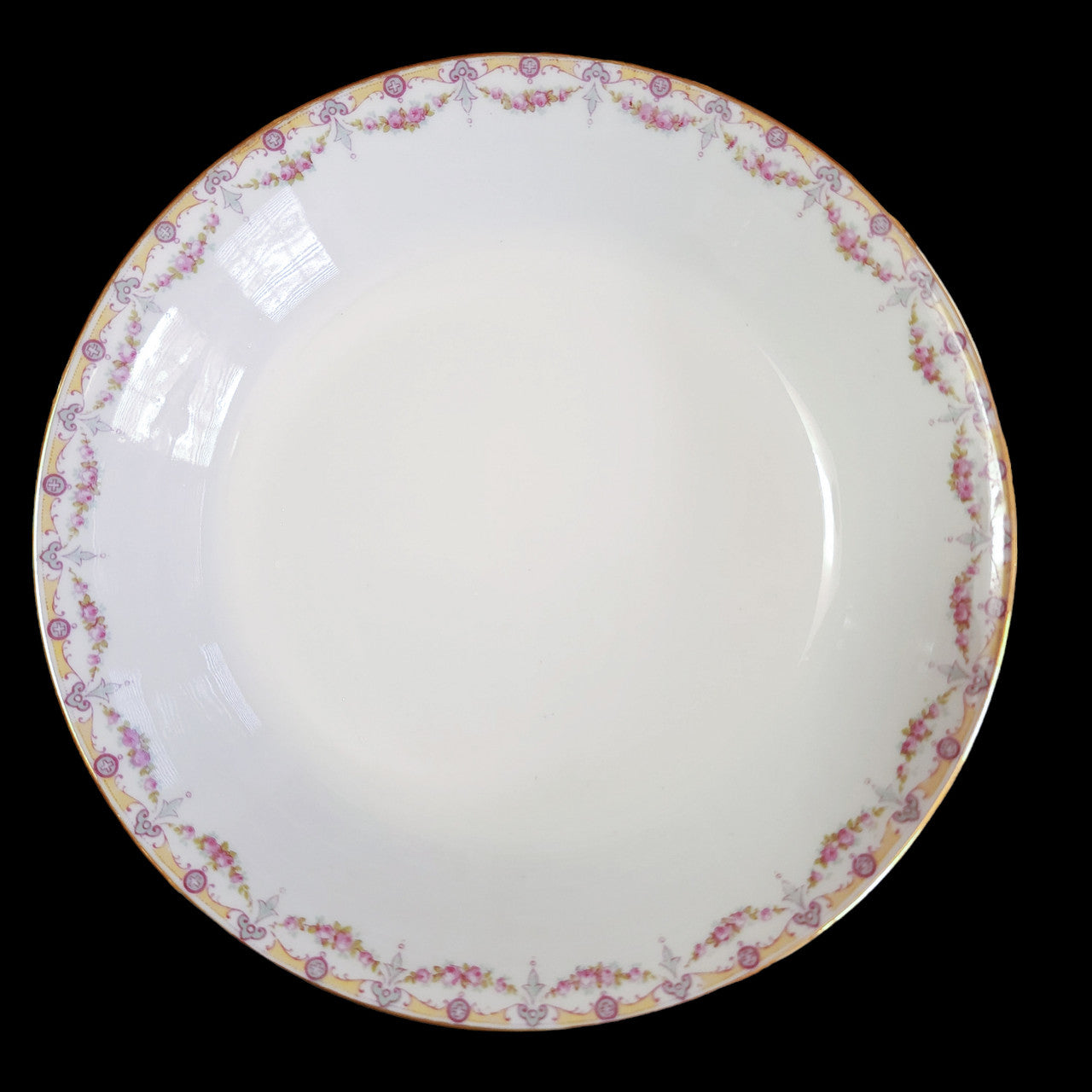 7"Jean Pouyat Limoges Rose Swags Yellow Pink Scrolls France Coupe Soup Bowl