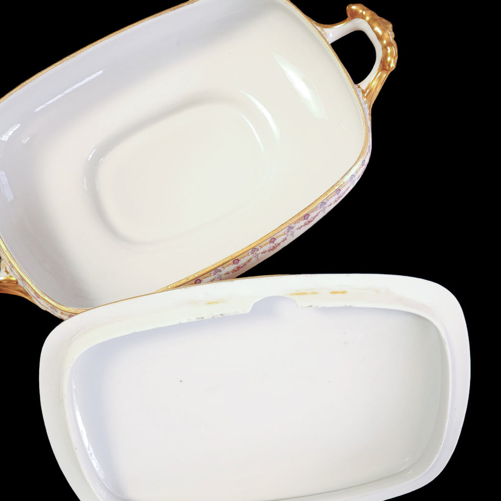 Jean Pouyat Limoges Rose Swags Yellow Pink Scrolls France Rectangular Covered Vegetable Dish