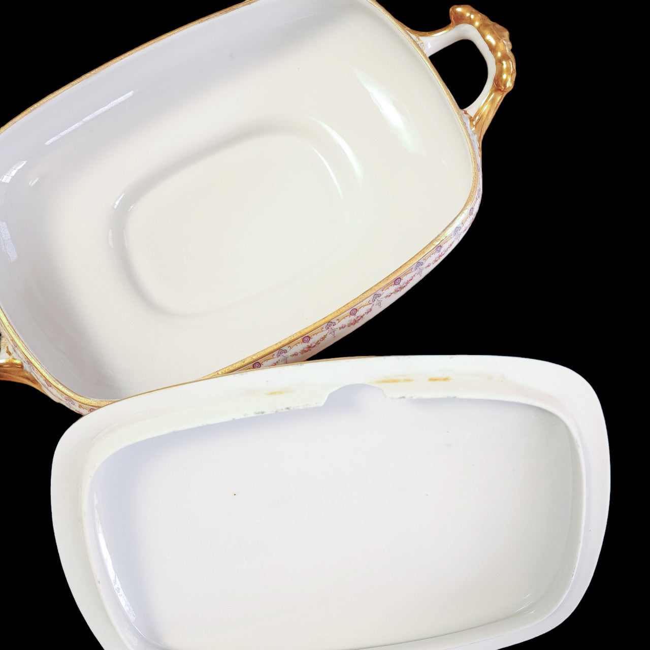 Jean Pouyat Limoges Rose Swags Yellow Pink Scrolls France Rectangular Covered Vegetable Dish
