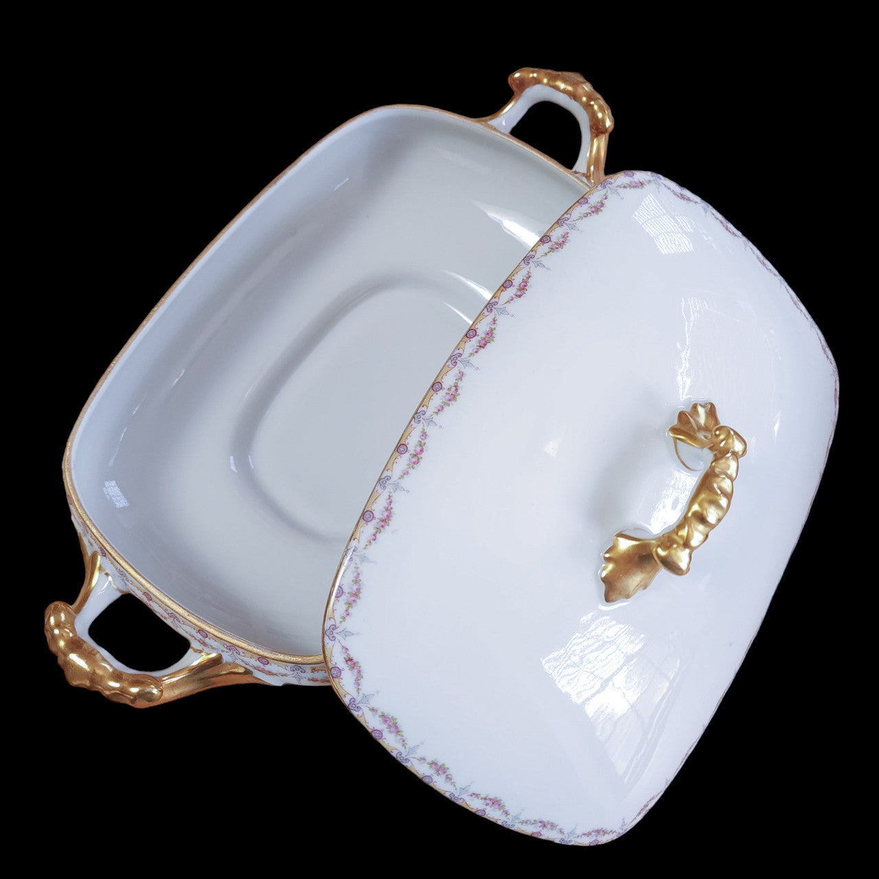 Jean Pouyat Limoges Rose Swags Yellow Pink Scrolls France Rectangular Covered Vegetable Dish