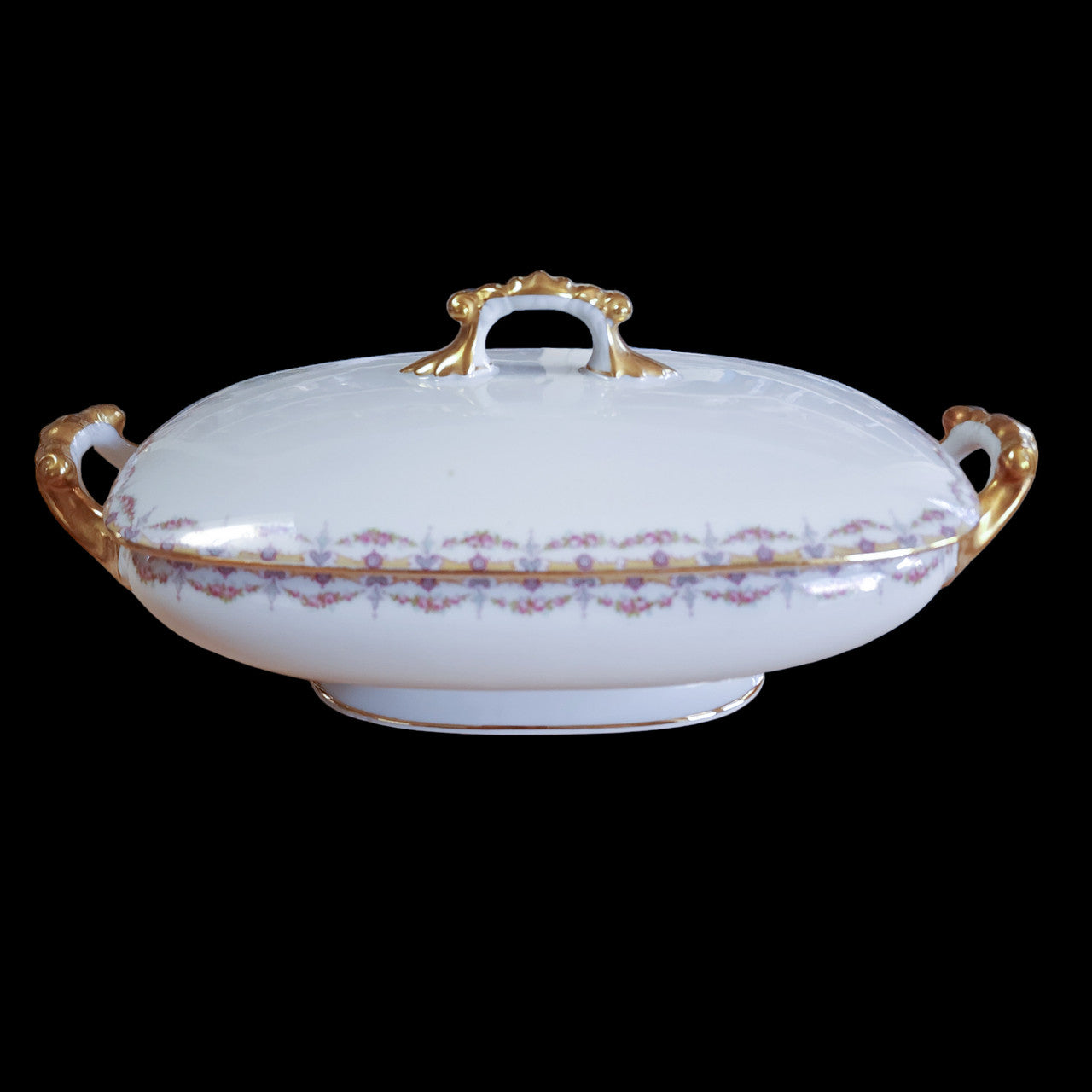 Jean Pouyat Limoges Rose Swags Yellow Pink Scrolls France Rectangular Covered Vegetable Dish