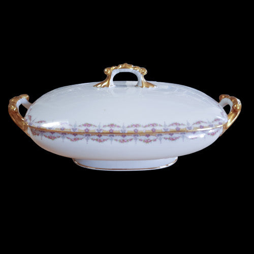 Jean Pouyat Limoges Rose Swags Yellow Pink Scrolls France Rectangular Covered Vegetable Dish