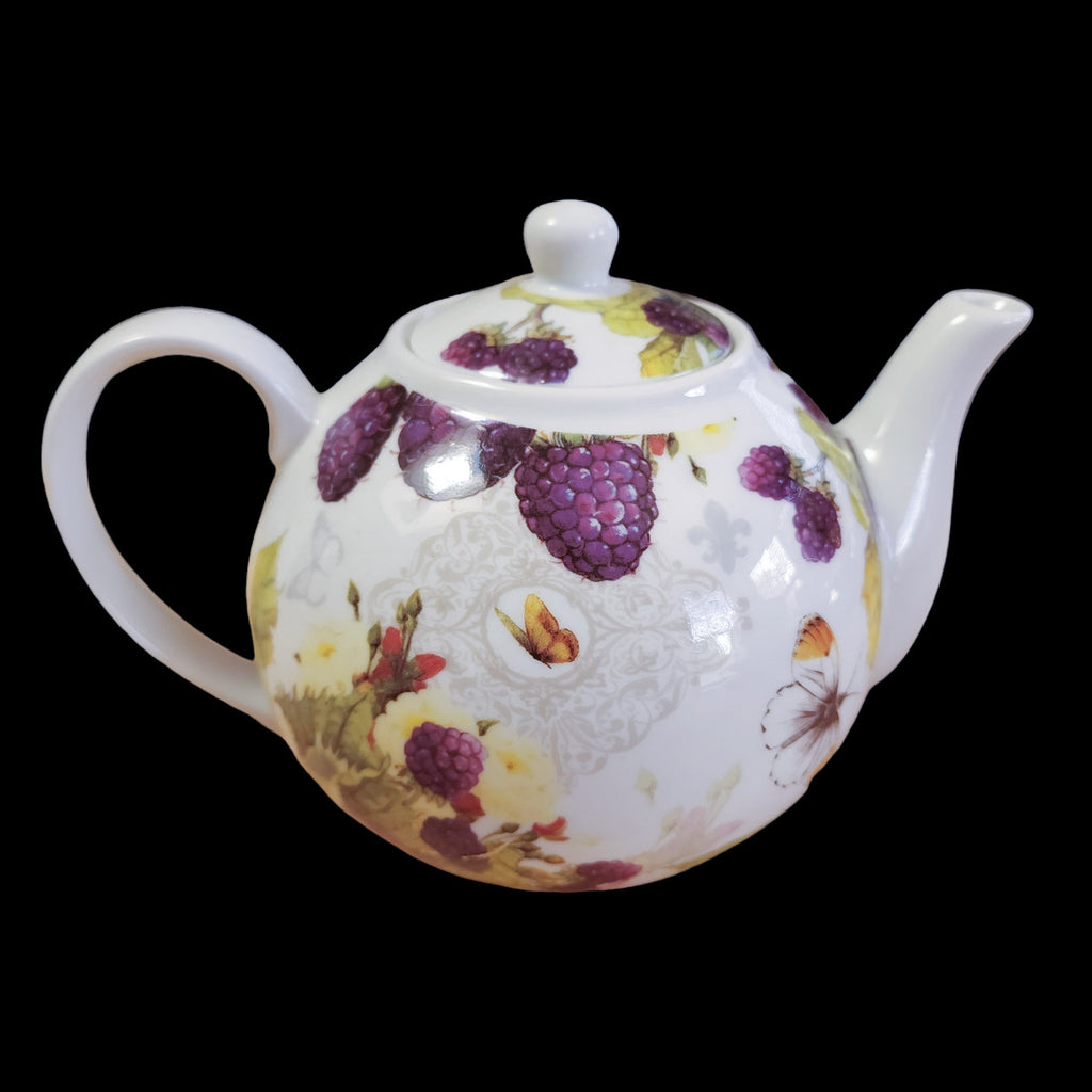 Purple Raspberry & Leaves, Butterflies Fine Porcelain Teapot 4Cups