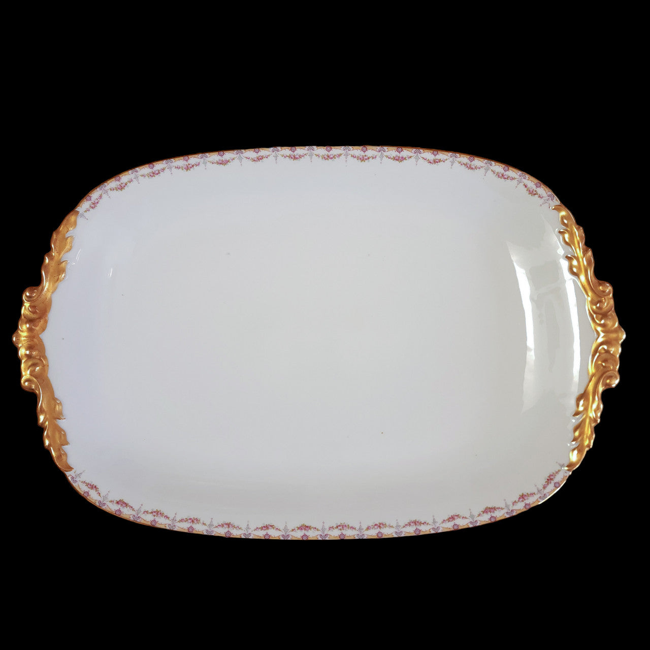 17"Jean Pouyat Limoges Rose Swags Yellow Pink Scrolls Oval Serving Platter