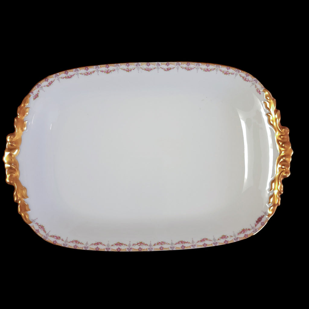 14"Jean Pouyat Limoges Rose Swags Yellow Pink Scrolls Oval Serving Platter