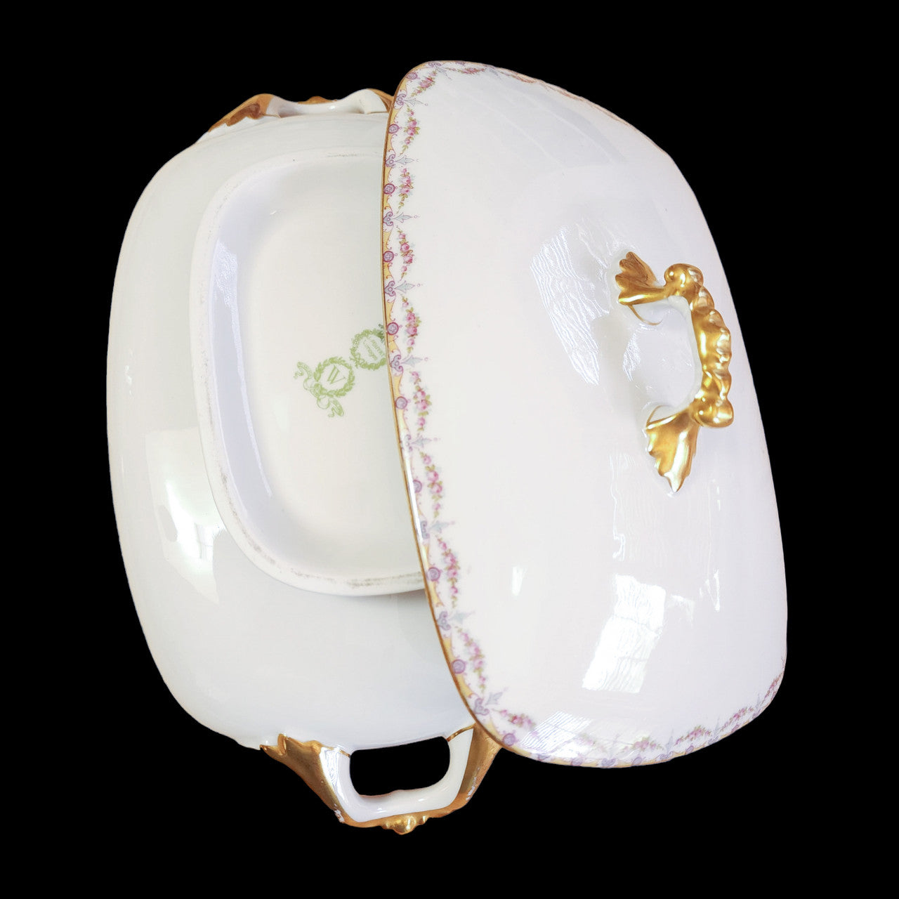 Jean Pouyat Limoges Rose Swags Yellow Pink Scrolls France Rectangular Covered Vegetable Dish