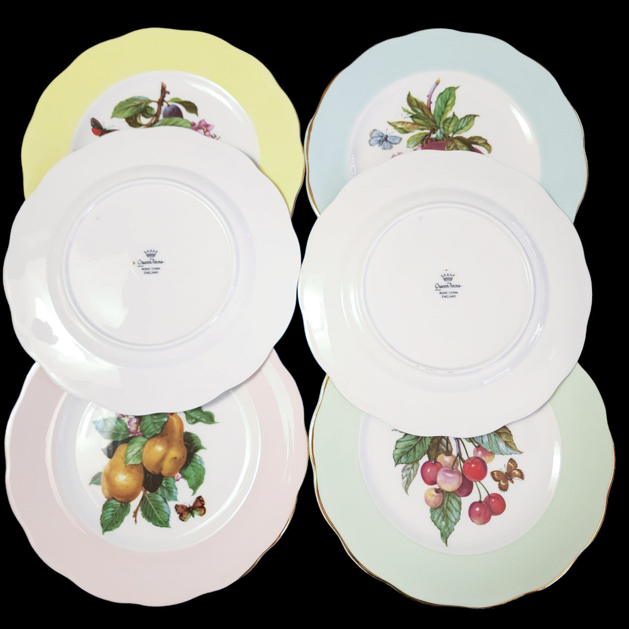 Queen Anne Fruits Rim Scalloped Gold Trim Luncheon Plates Set of 6 England