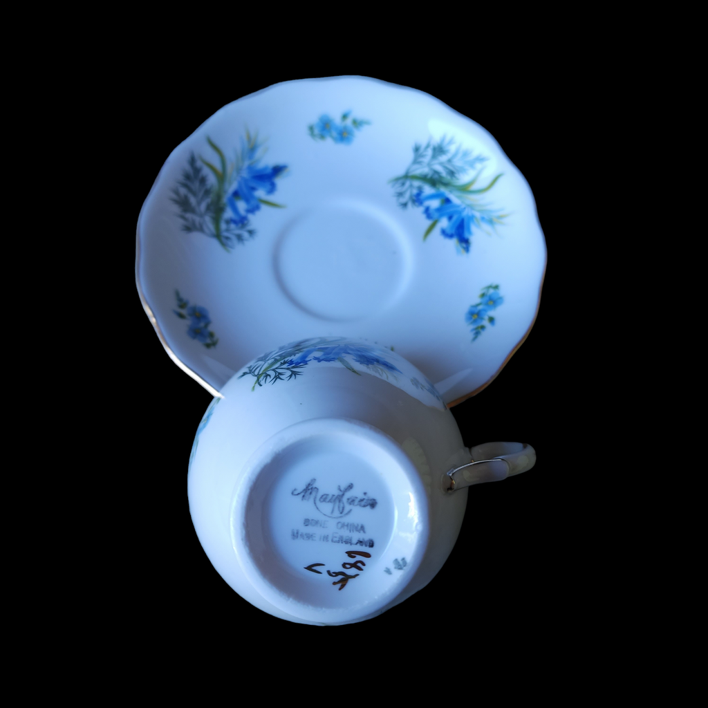 Mayfair Blue Flowers Green Leaves Scalloped Teacup & Saucer Set