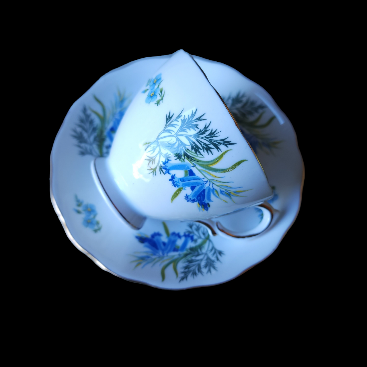 Mayfair Blue Flowers Green Leaves Scalloped Teacup & Saucer Set