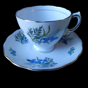 Mayfair Blue Flowers Green Leaves Scalloped Teacup & Saucer Set