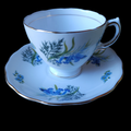 Mayfair Blue Flowers Green Leaves Scalloped Teacup & Saucer Set