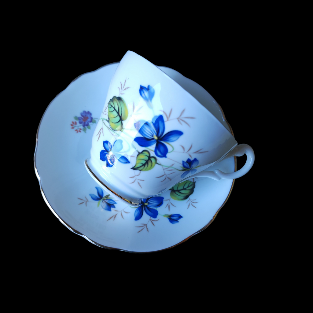 Royal Ascot Bone China Blue Violets Green Leaves Scallop Teacup & Saucer Set