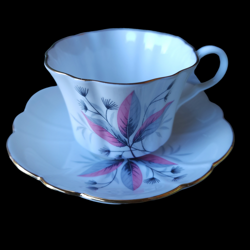 English Castle Gray,Orange Leaves Embossed Gold Trim Teacup & Saucer Set