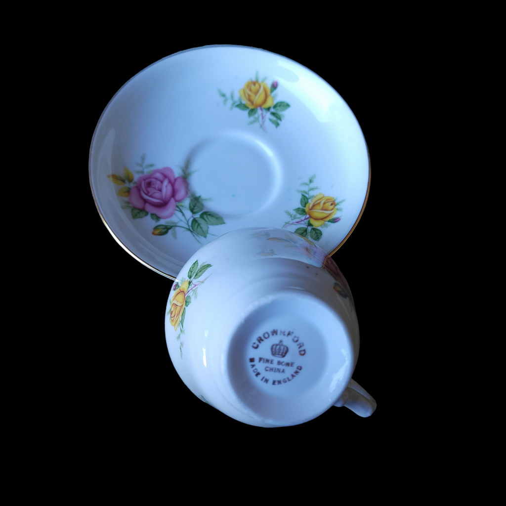 Crownford White Floral Bone China Footed Teacup & Saucer Set