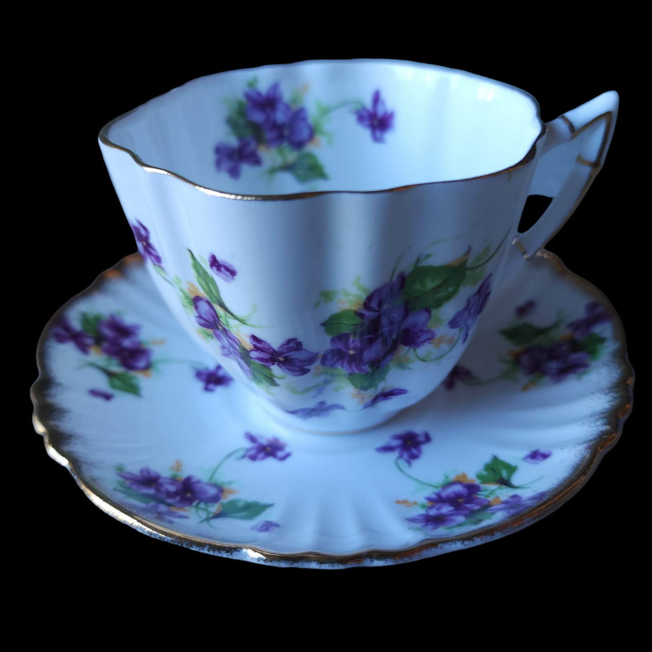 Victoria C & E Fluted, Purple Violets Yellow, Gold Trim Teacup & Saucer Set