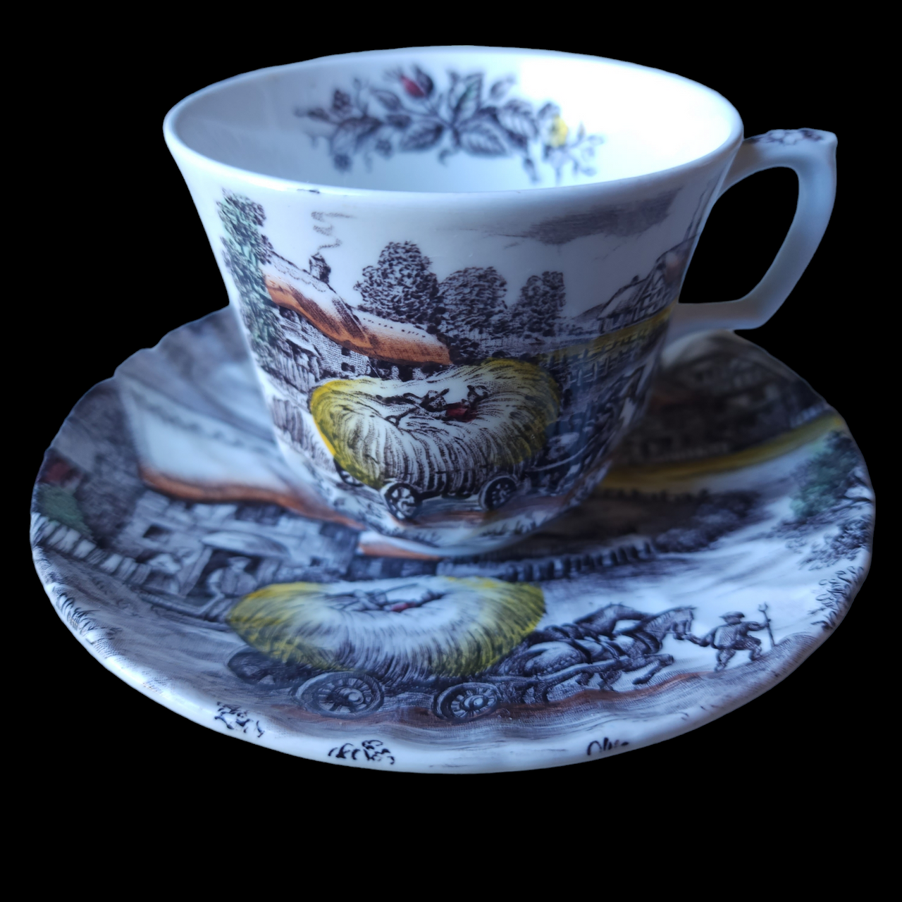 Staffordshire Yorkshire Multicolor Brown, Yellow, Red Hayride Scene Teacup & Saucer Set