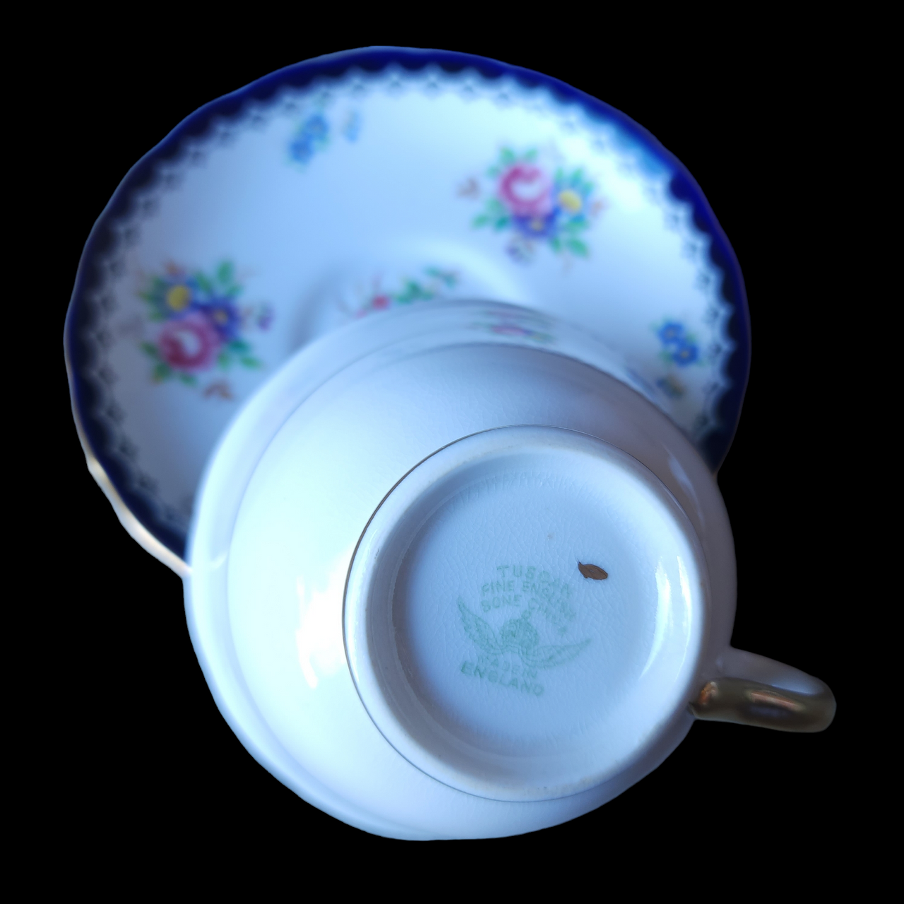 Royal Tuscan Floral Center & Rim, Cobalt Band, Scalloped Cup & Saucer Set